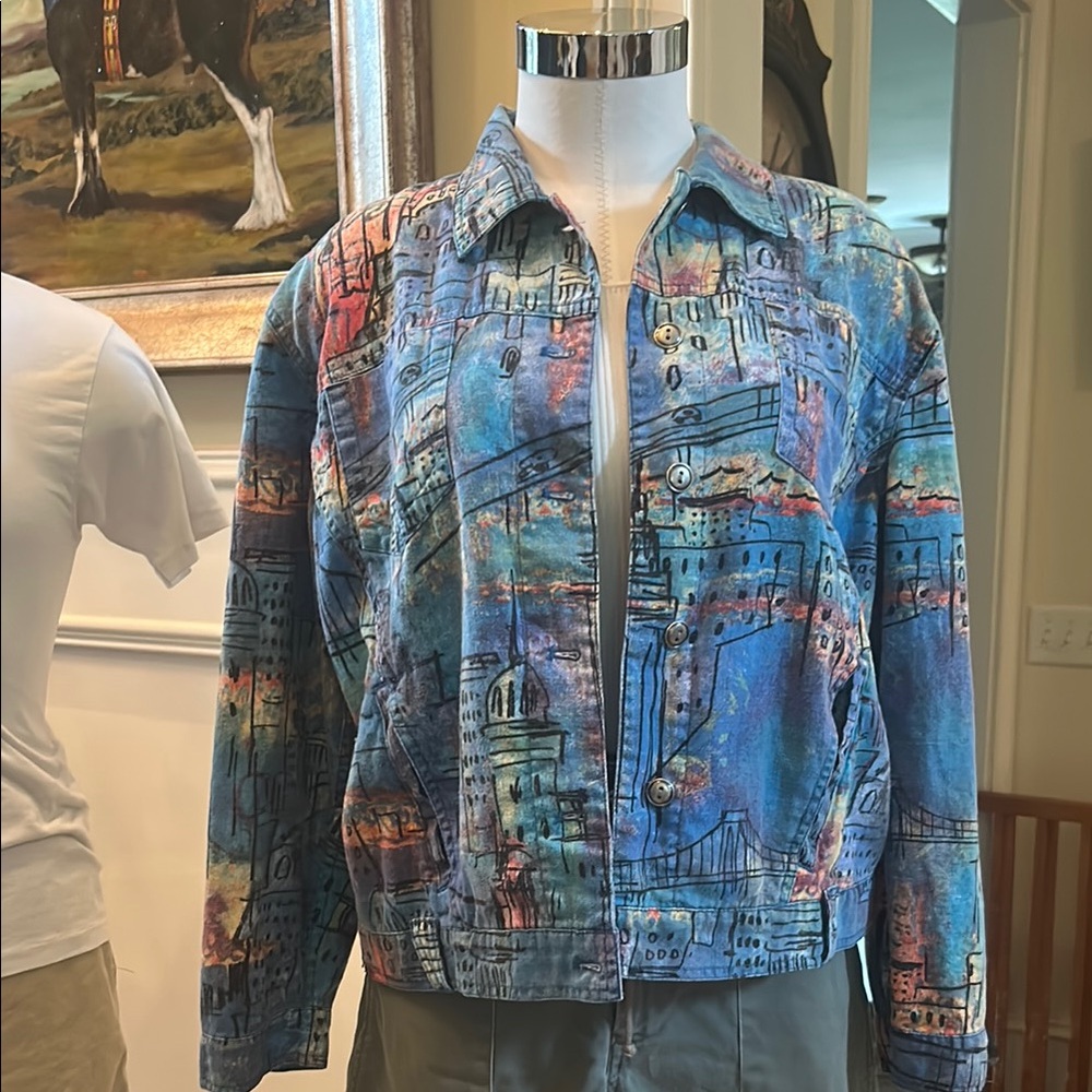 Chicos Sz 1 80’s style Colorful Denim Jacket GUC